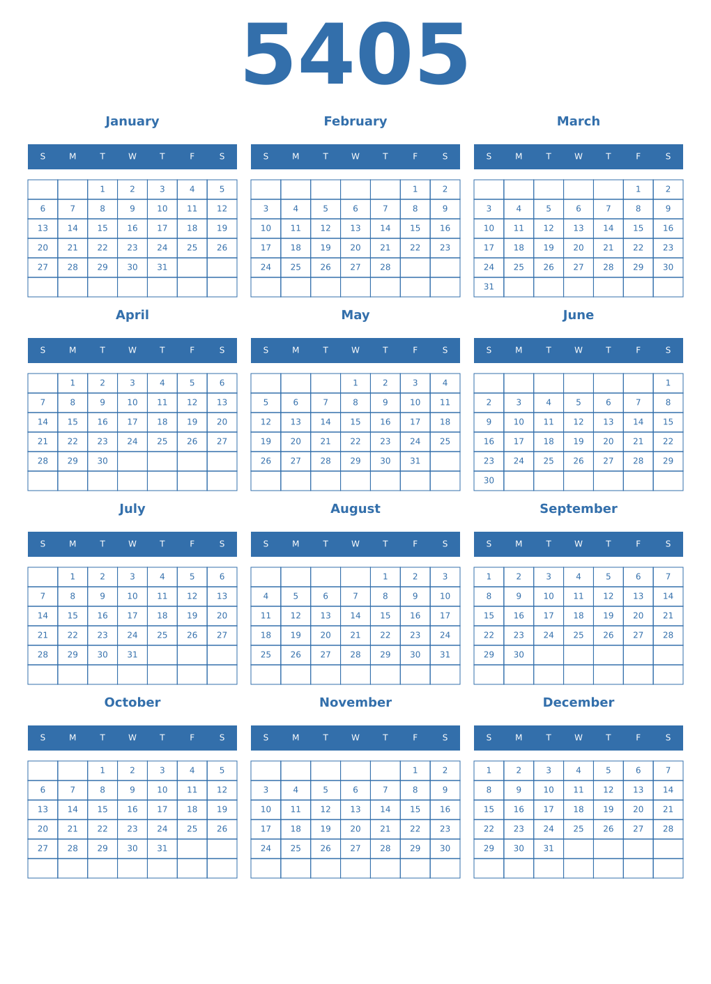Printable 5405 Year Calendars blue