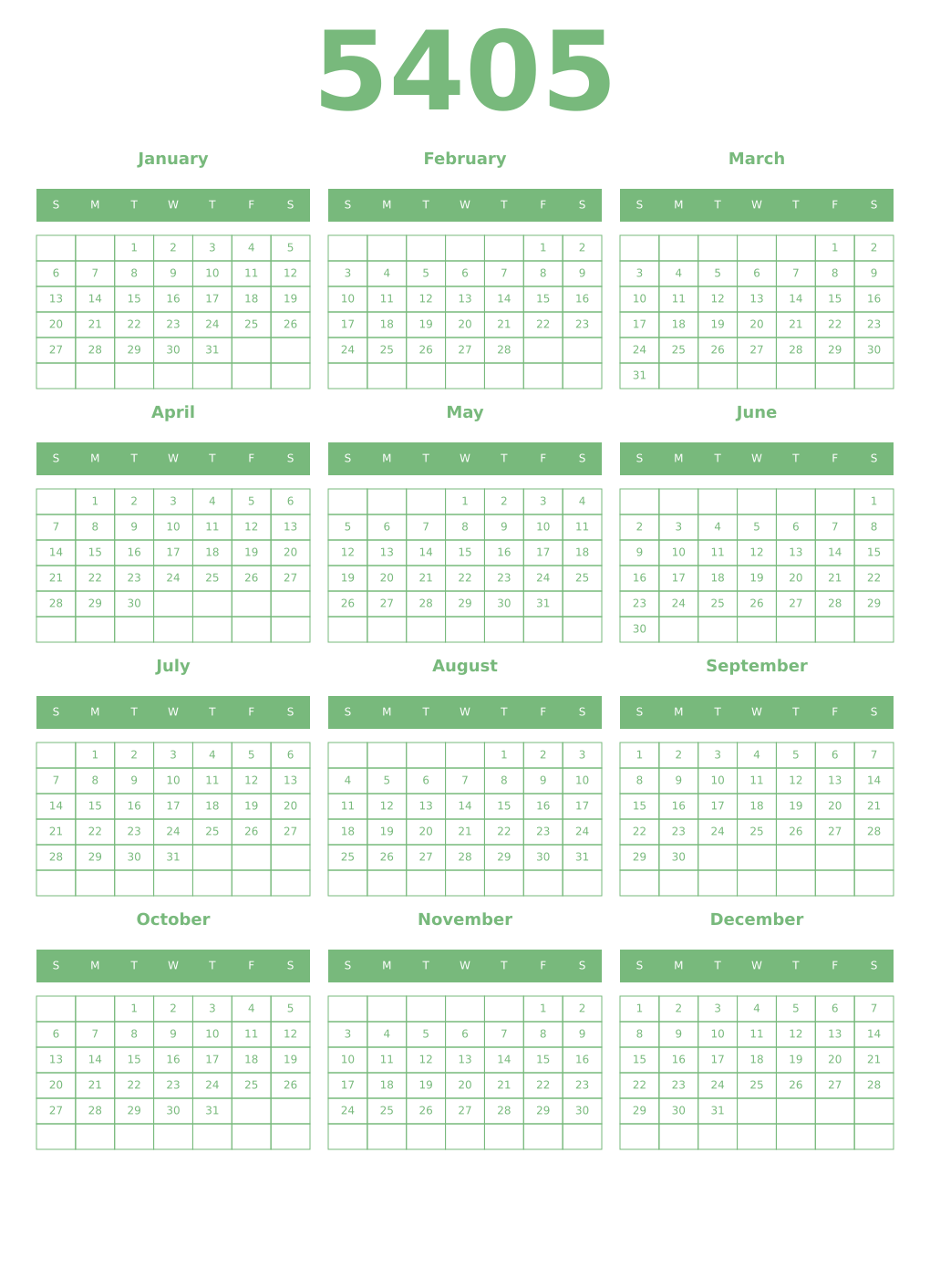 Printable 5405 Year Calendars celadon