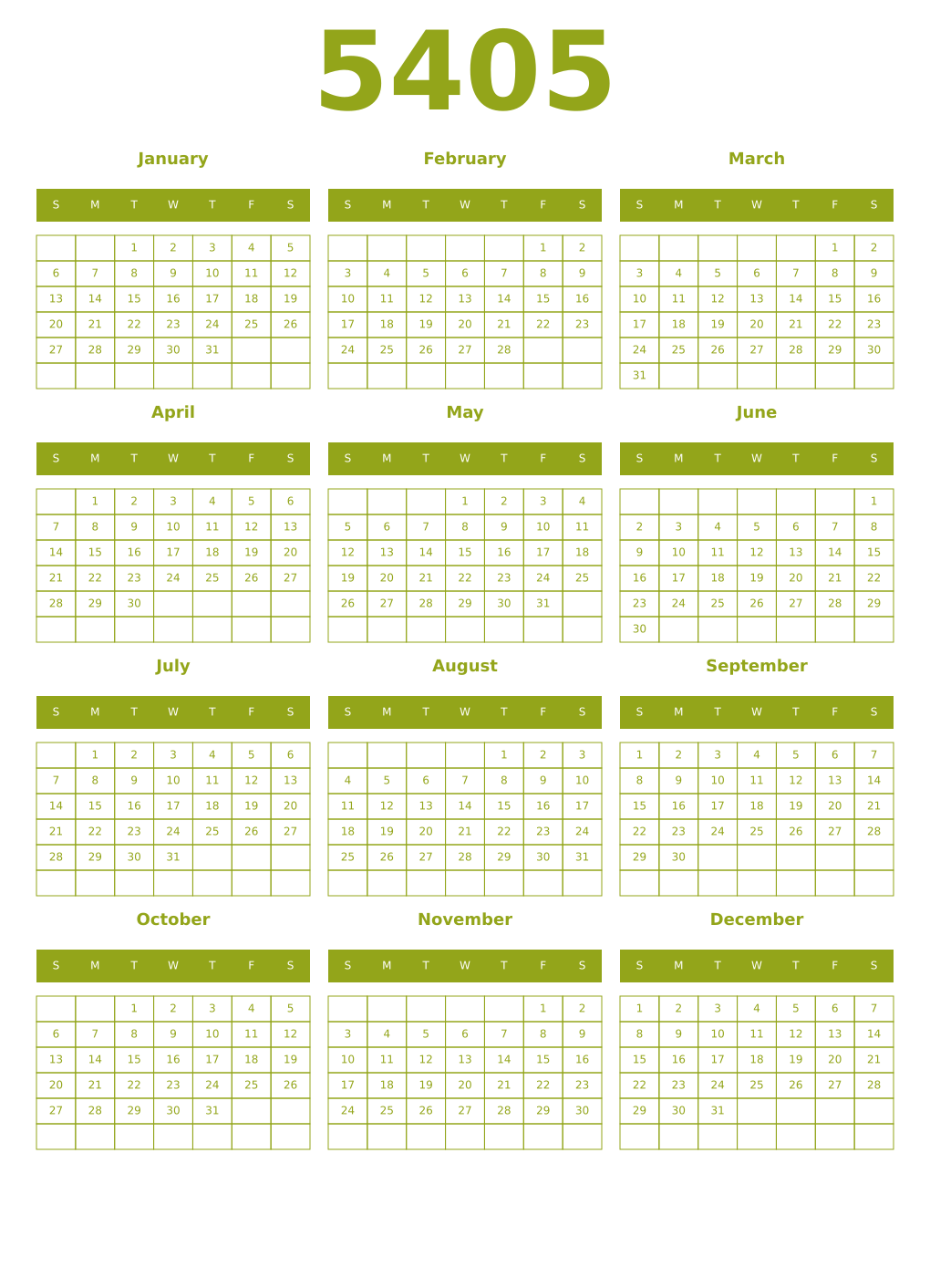 Printable 5405 Year Calendars chartreuse
