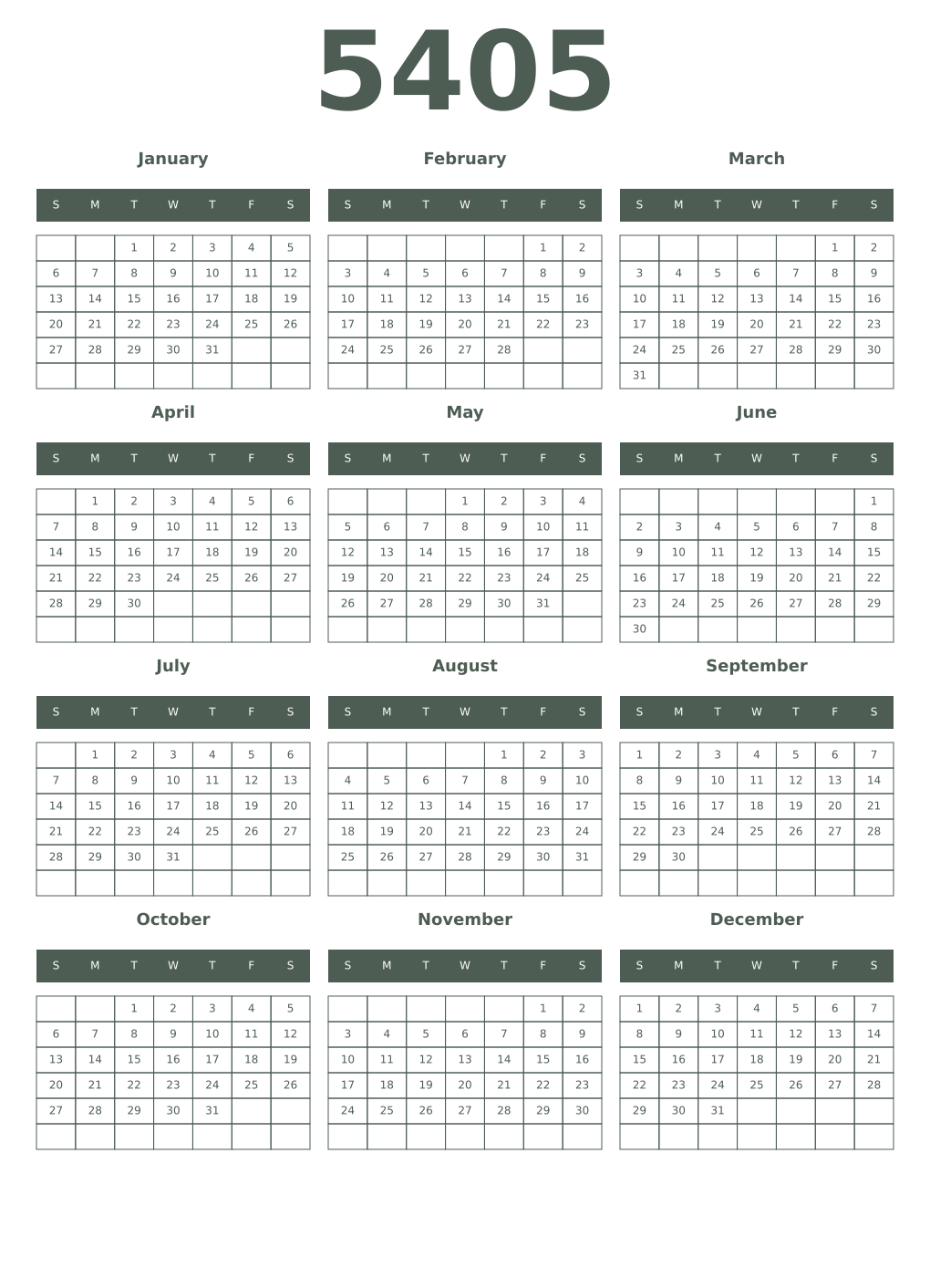 Printable 5405 Year Calendars feldgrau