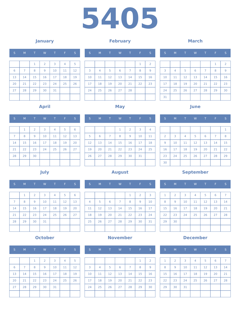 Printable 5405 Year Calendars glaucous