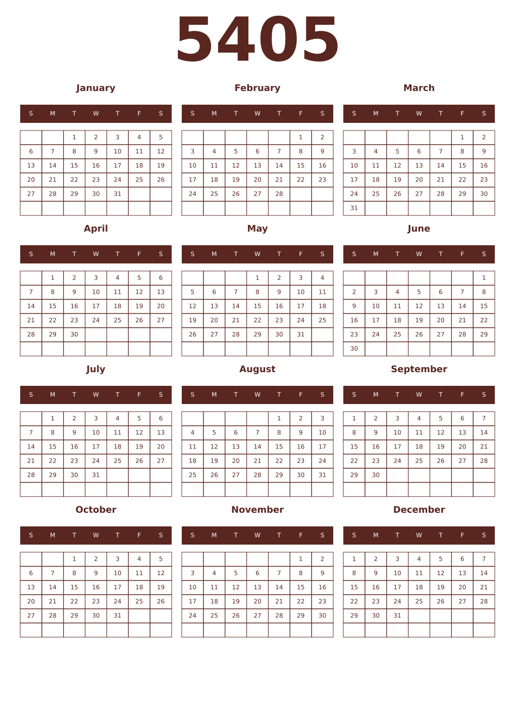 Printable 5405 Year Calendars mortuum