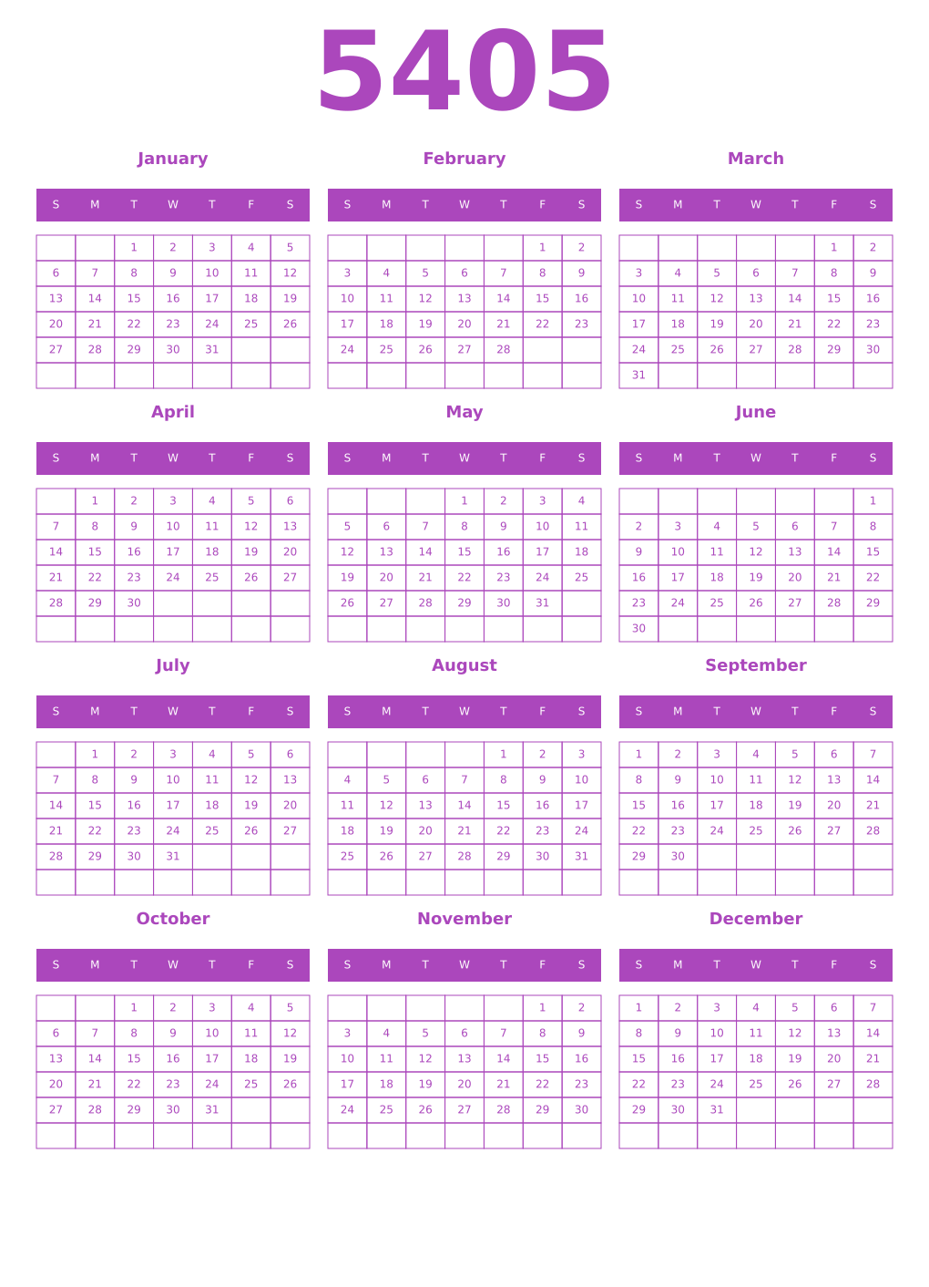 Printable 5405 Year Calendars purple