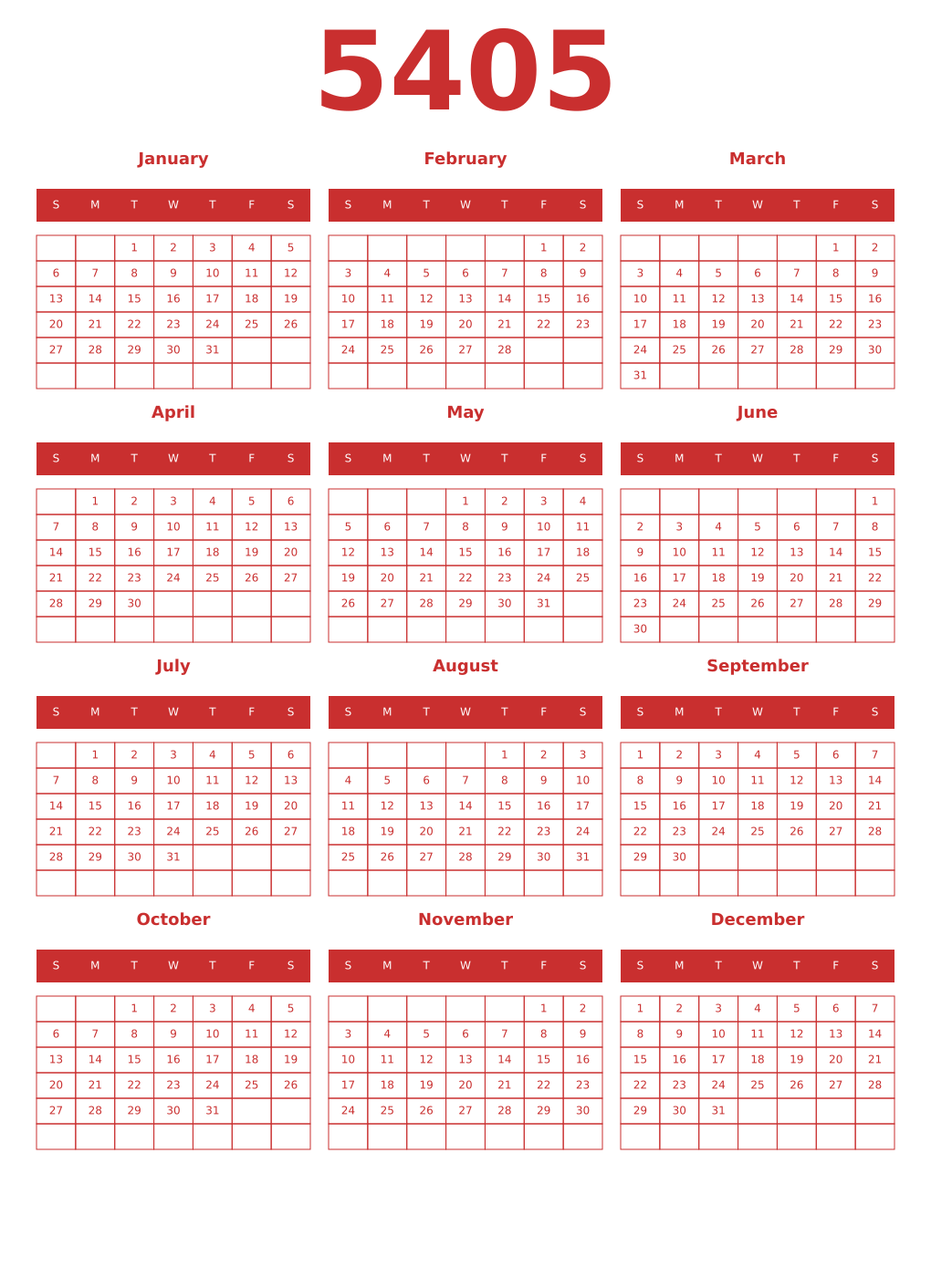 Printable 5405 Year Calendars red
