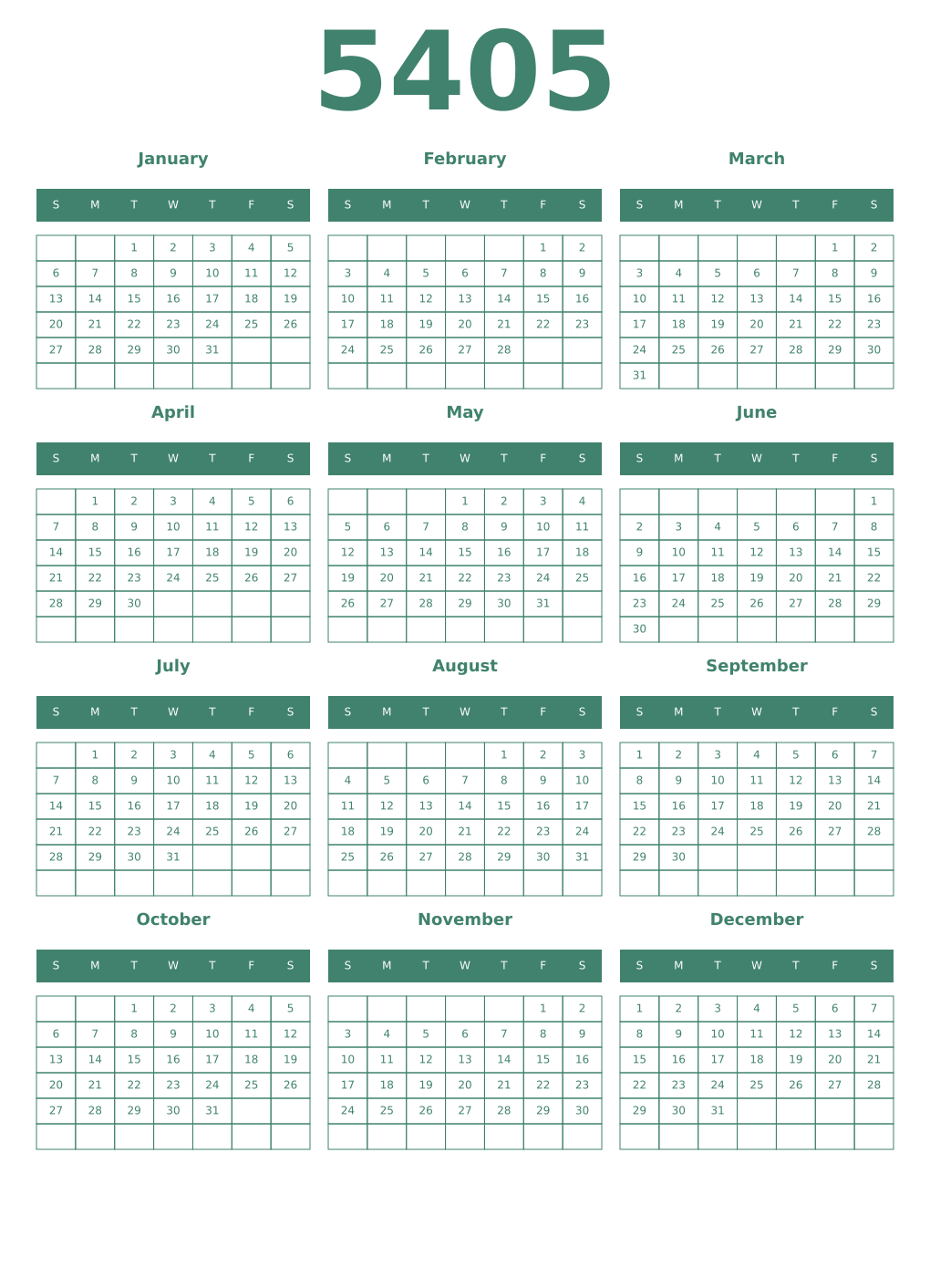 Printable 5405 Year Calendars viridian