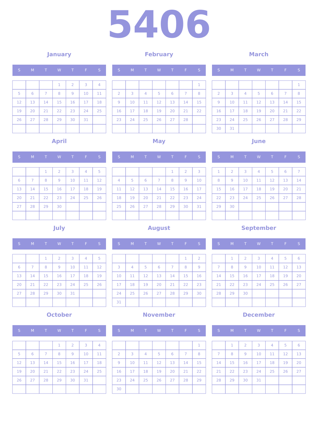 Printable 5406 Year Calendars periwinkle