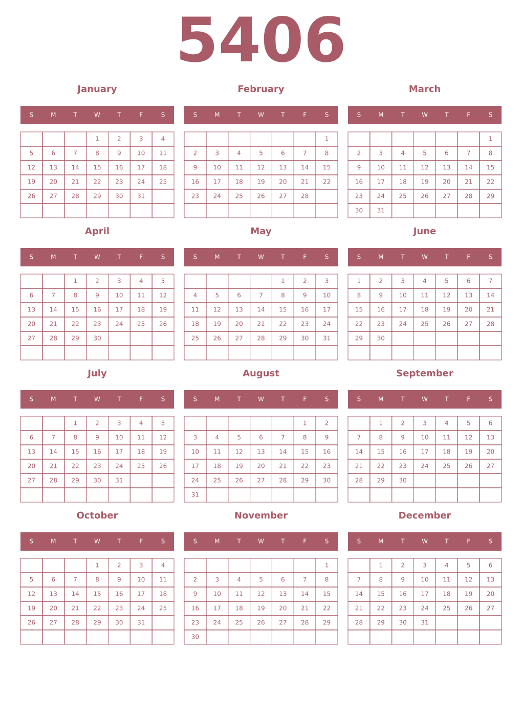 Printable 5406 Year Calendars puce