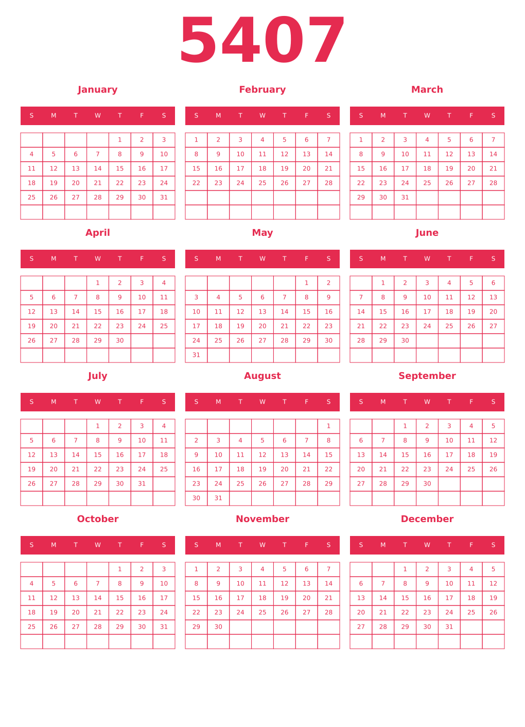 Printable 5407 Year Calendars amaranth