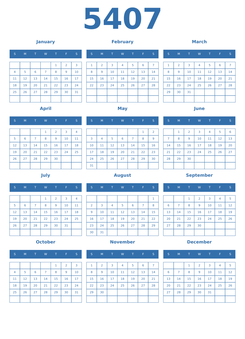 Printable 5407 Year Calendars blue