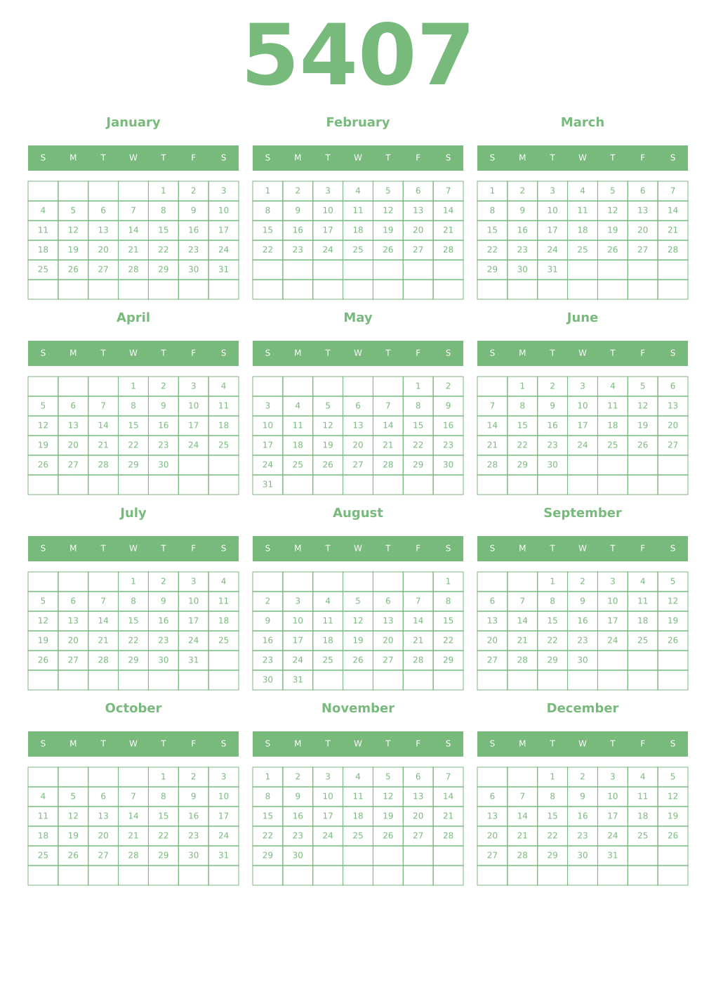 Printable 5407 Year Calendars celadon