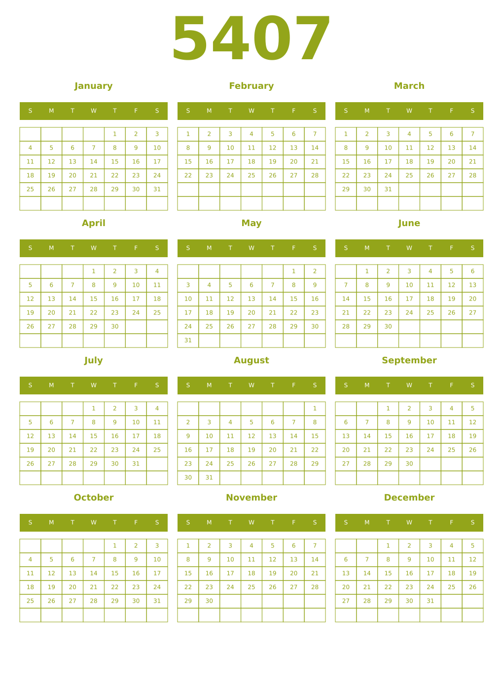 Printable 5407 Year Calendars chartreuse