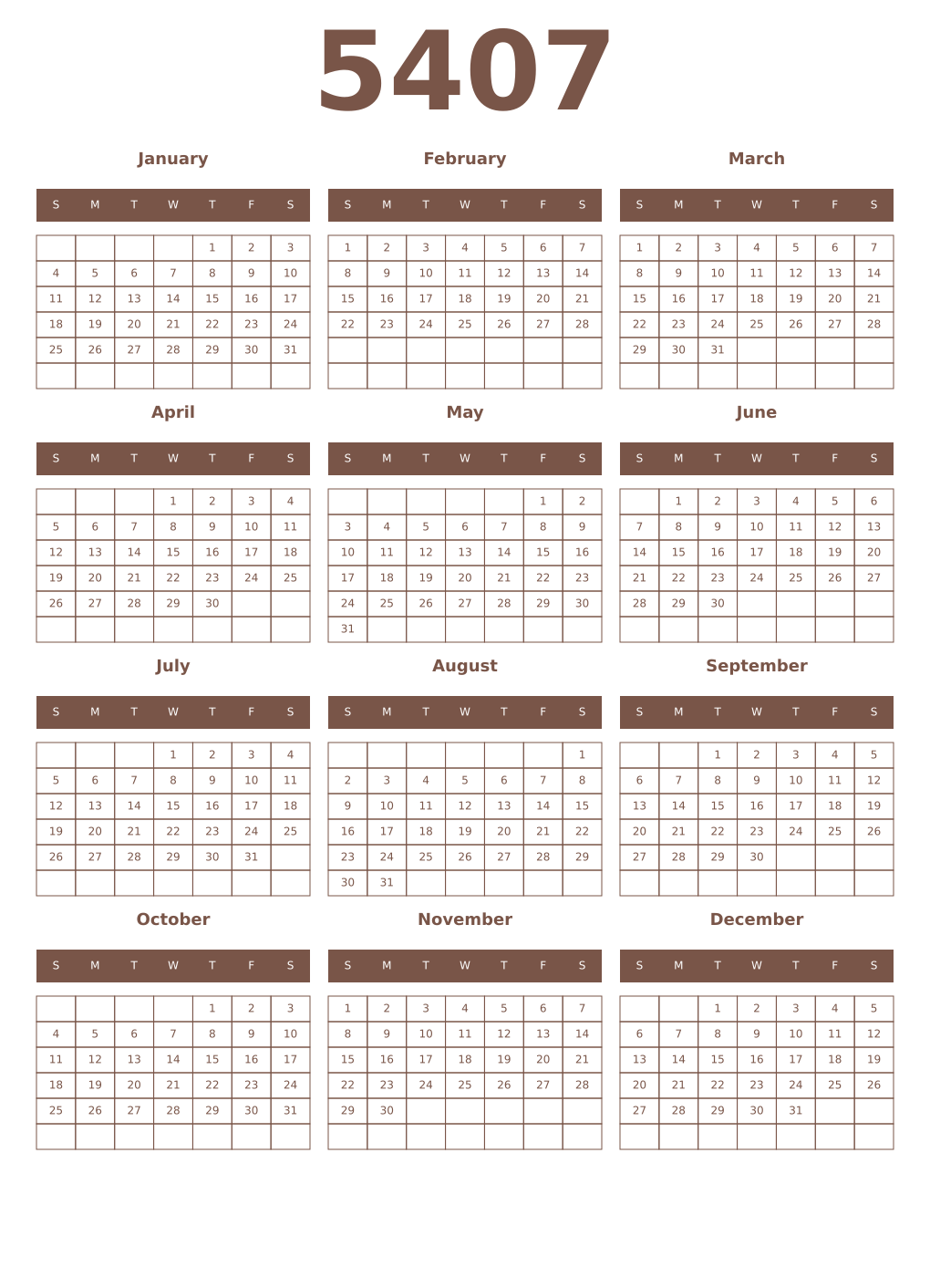 Printable 5407 Year Calendars coffe