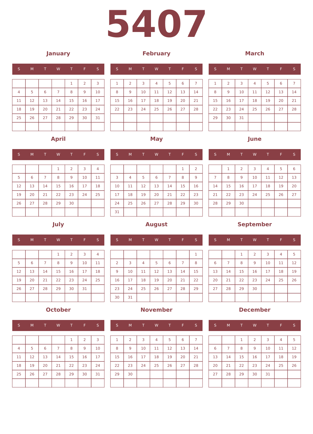 Printable 5407 Year Calendars cordovan