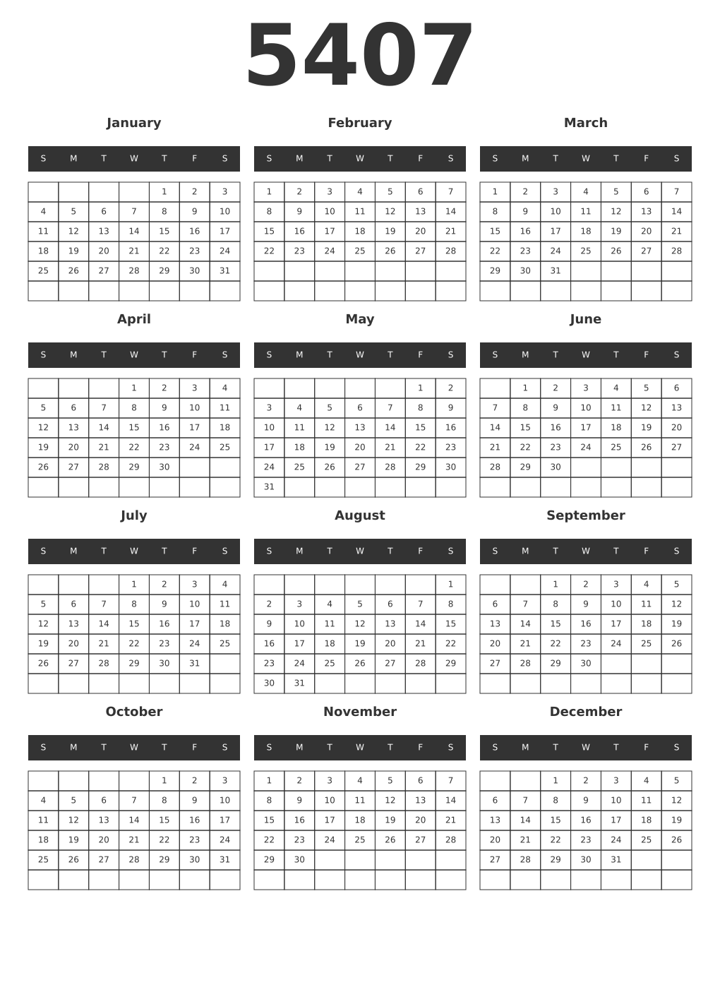 Printable 5407 Year Calendars dark