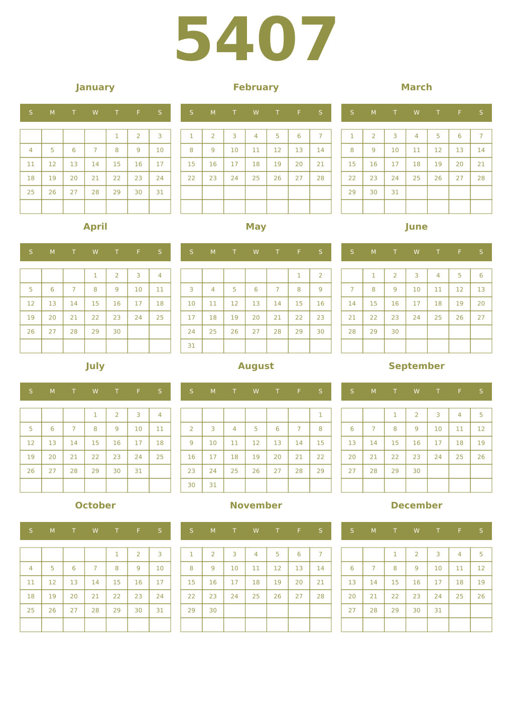 Printable 5407 Year Calendars eburnean