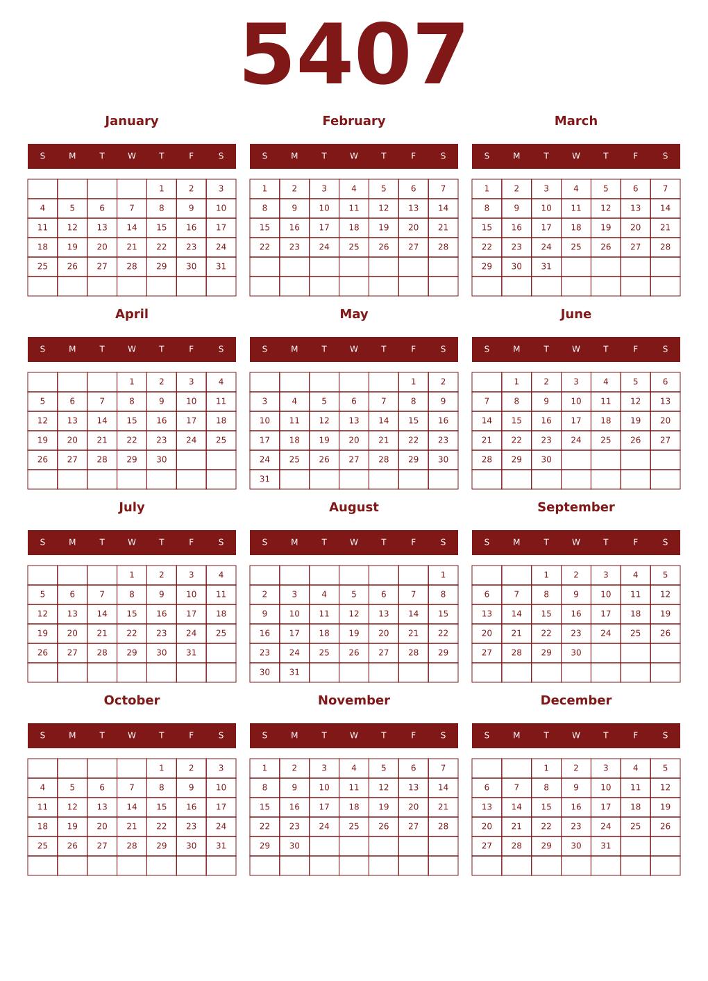 Printable 5407 Year Calendars falu