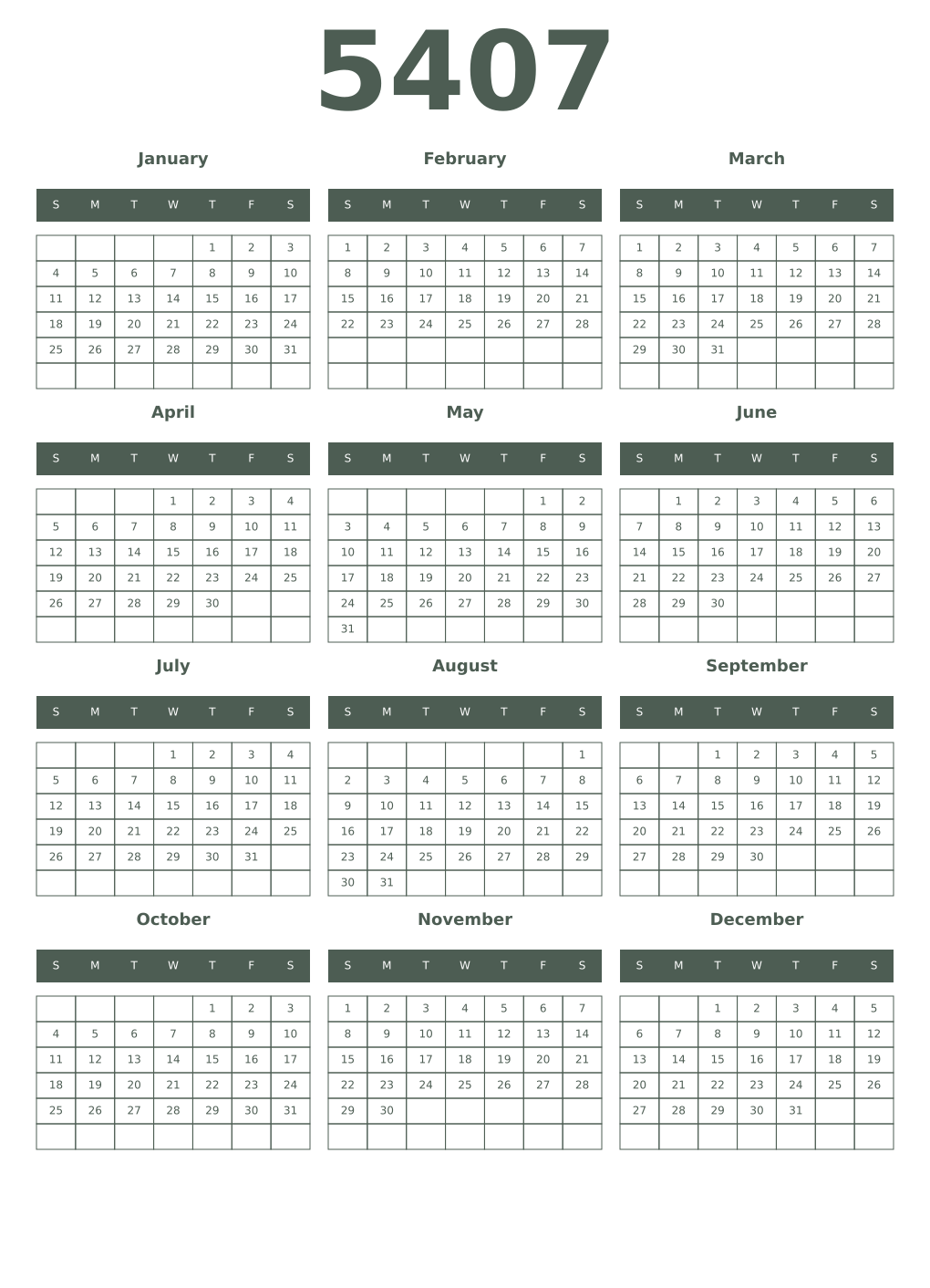 Printable 5407 Year Calendars feldgrau