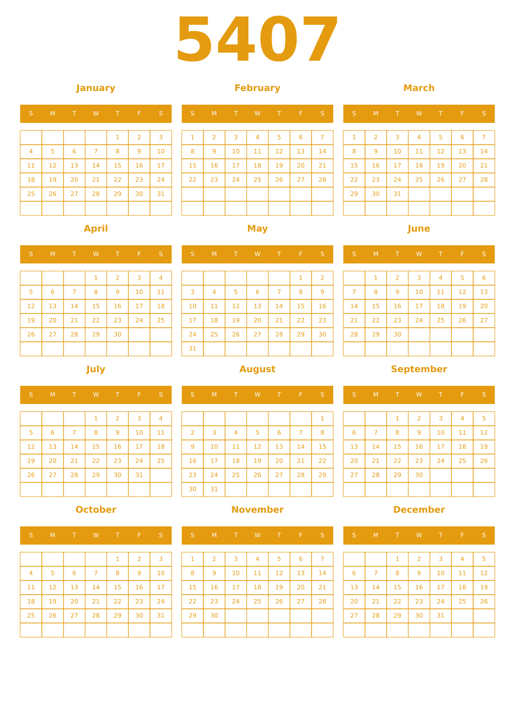 Printable 5407 Year Calendars gamboge