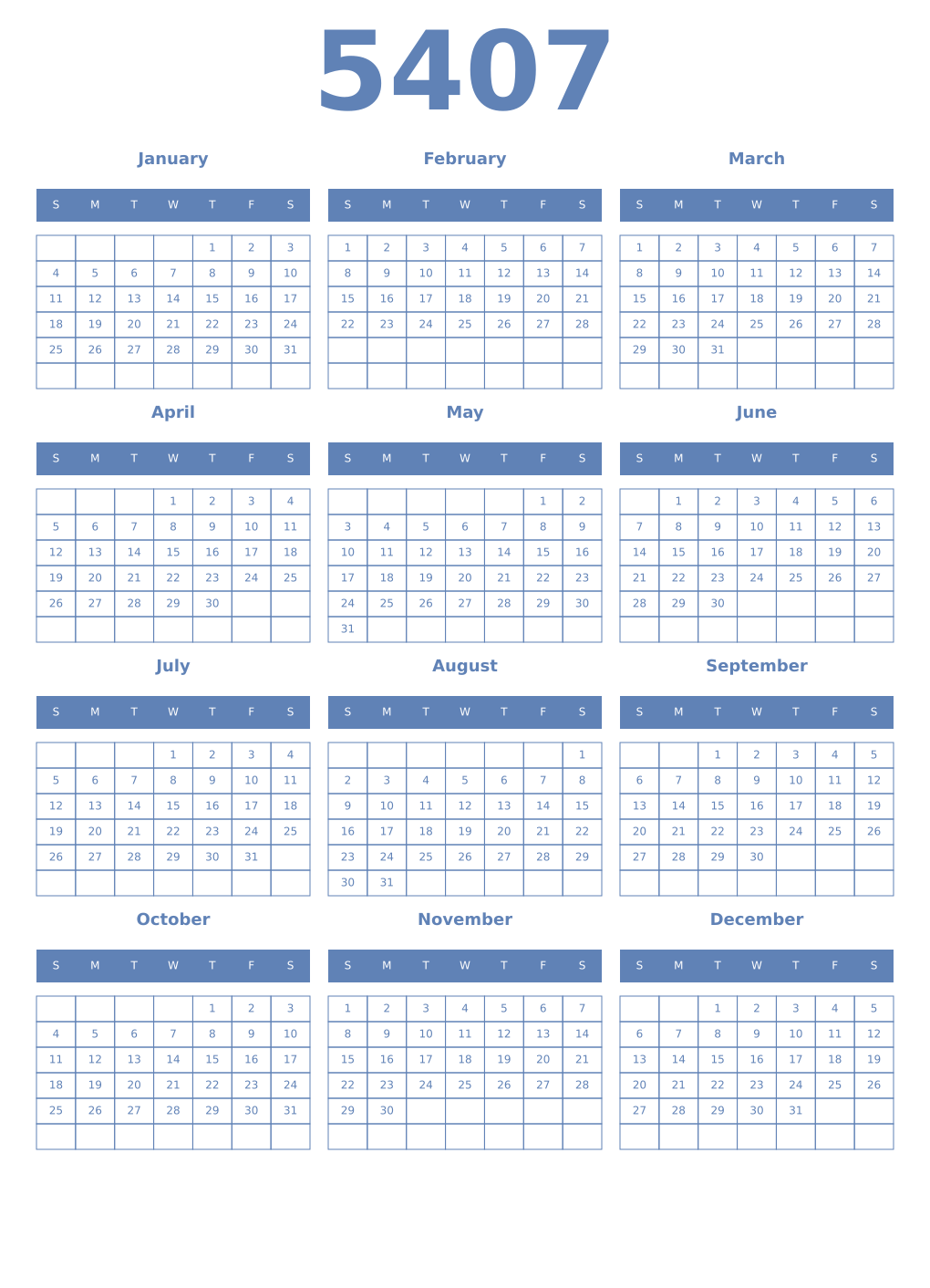 Printable 5407 Year Calendars glaucous