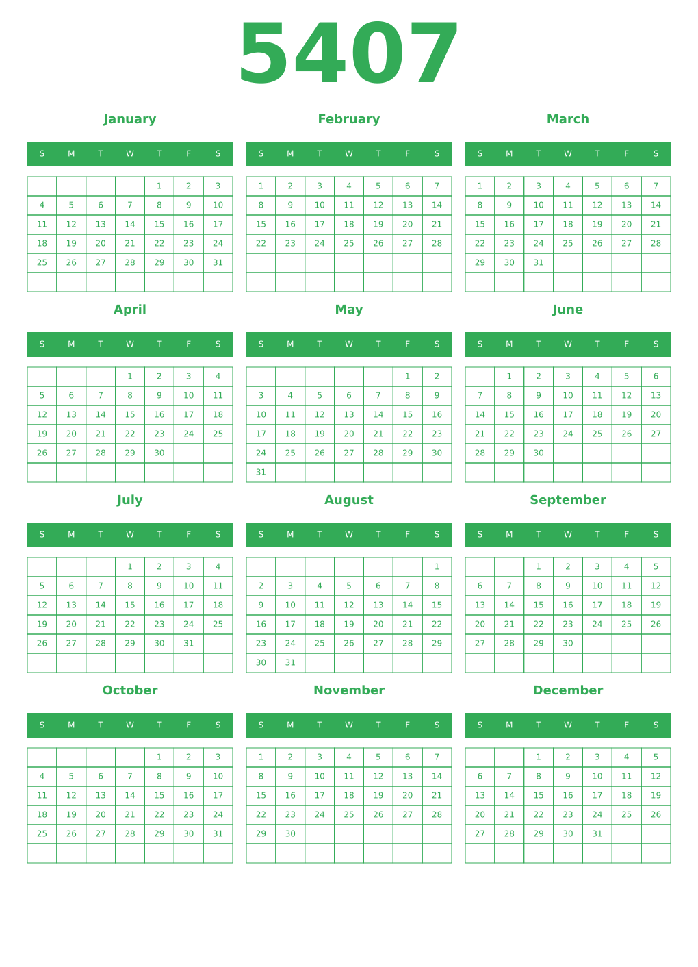 Printable 5407 Year Calendars green