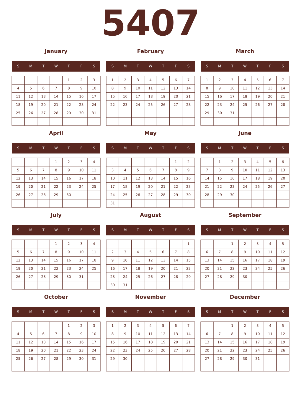 Printable 5407 Year Calendars mortuum