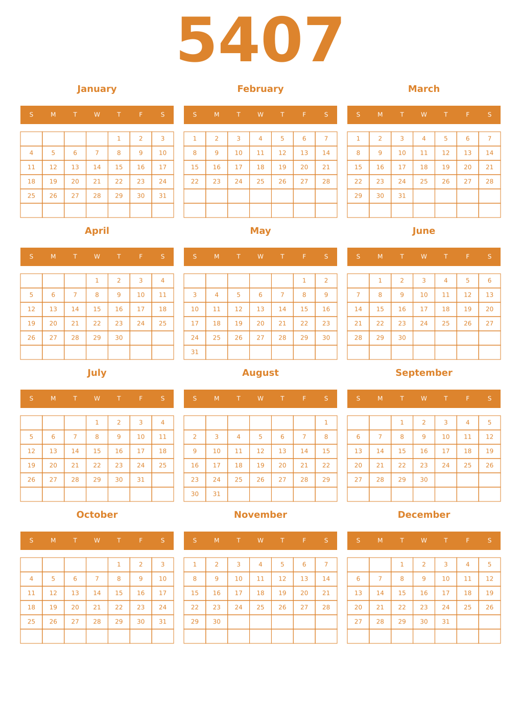 Printable 5407 Year Calendars orange