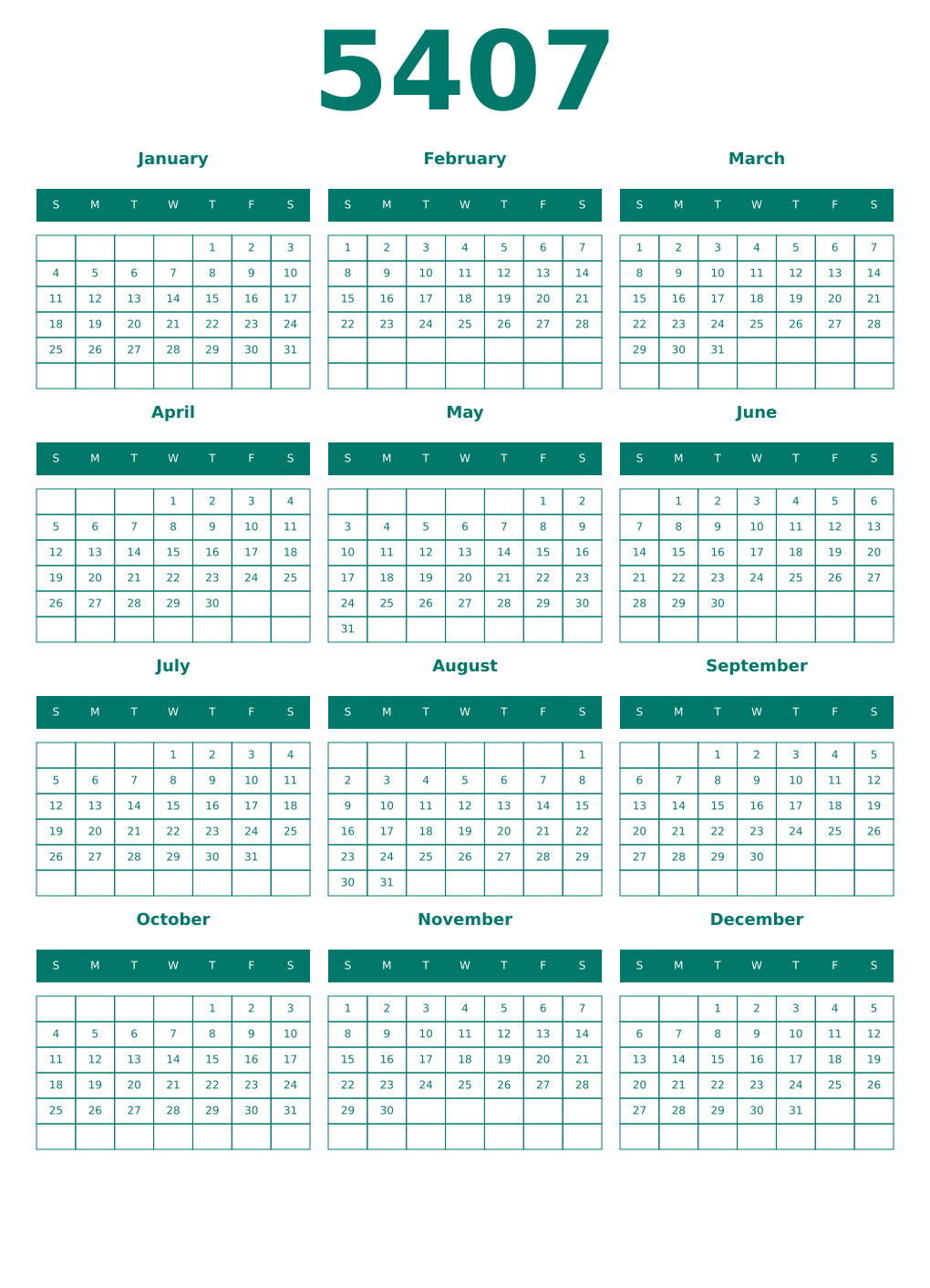 Printable 5407 Year Calendars pastel