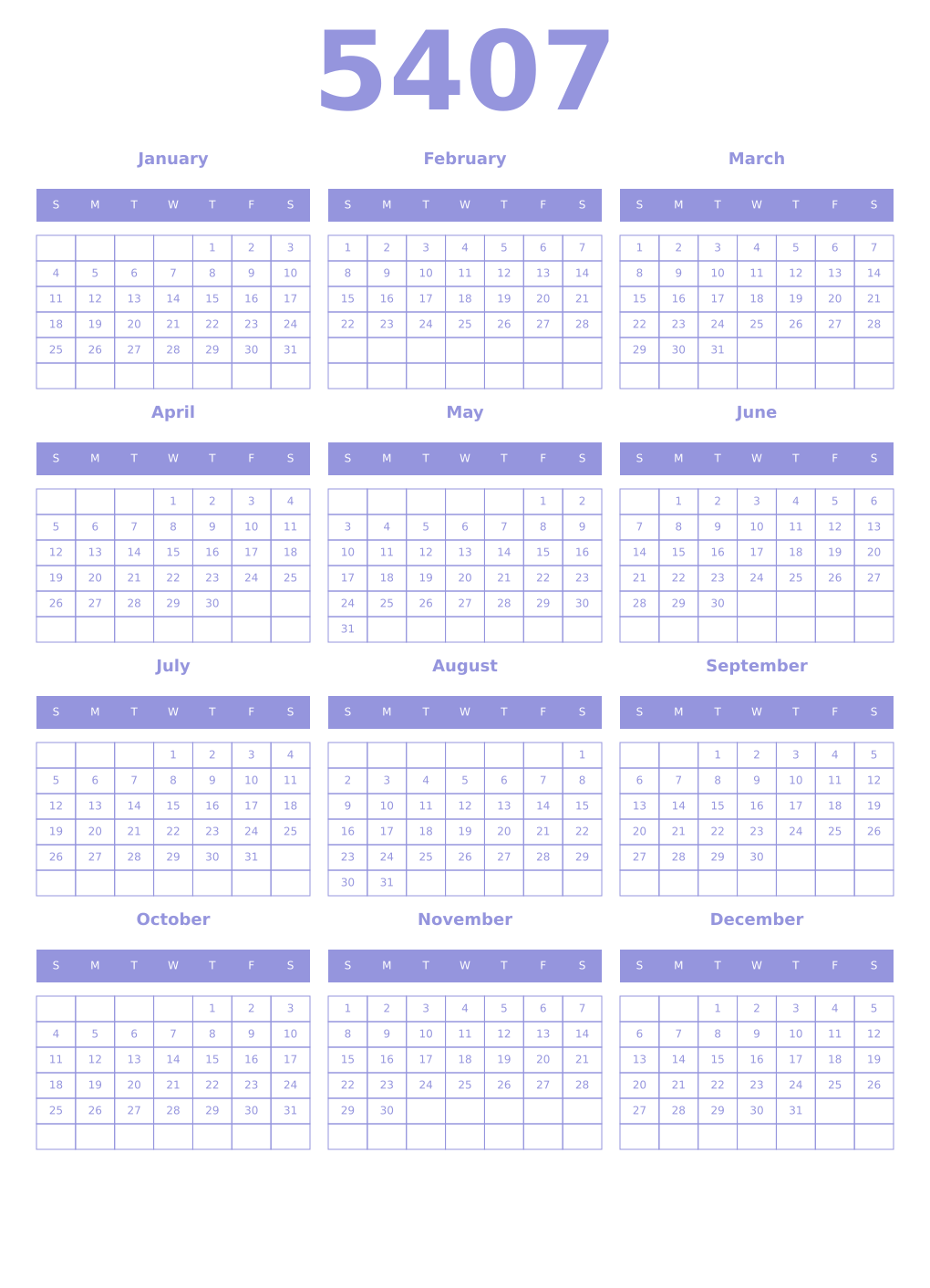 Printable 5407 Year Calendars periwinkle