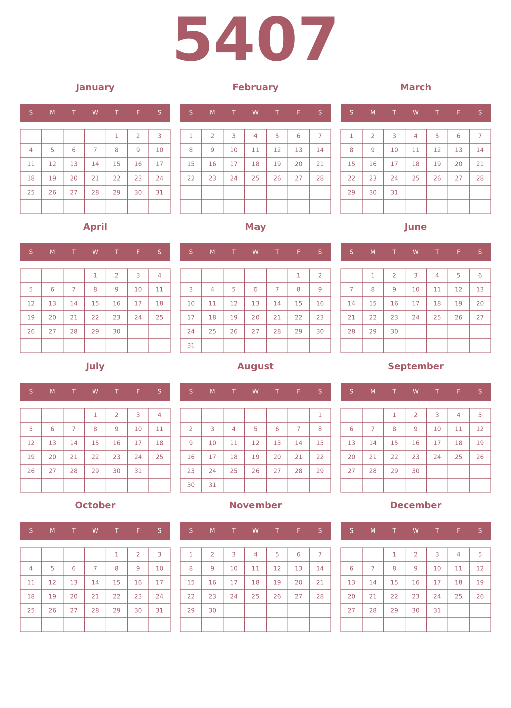 Printable 5407 Year Calendars puce
