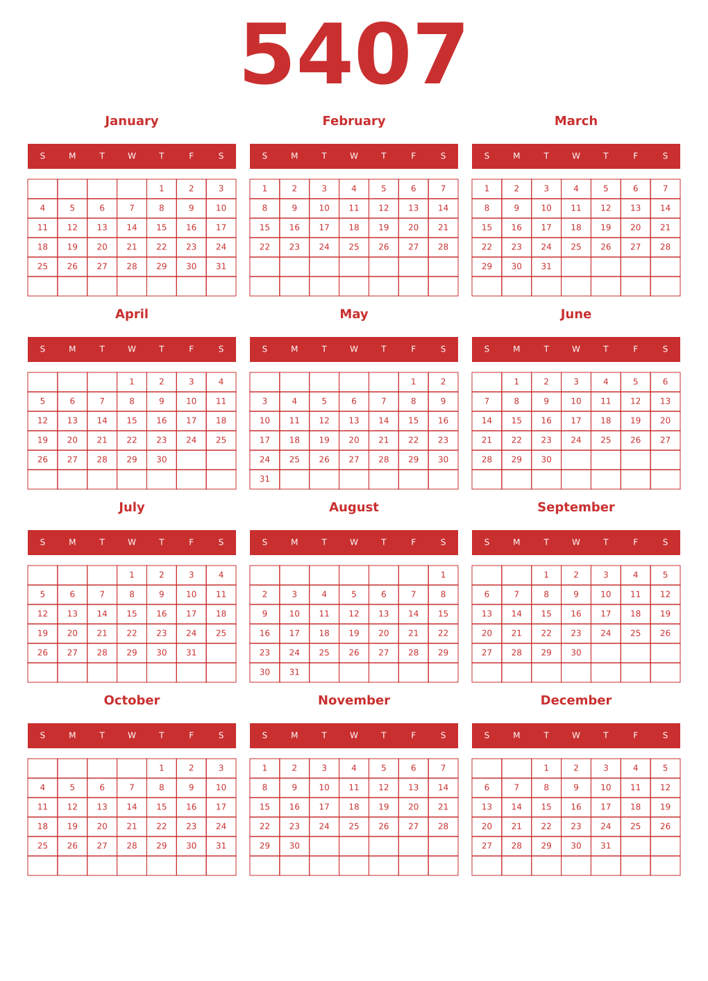 Printable 5407 Year Calendars red