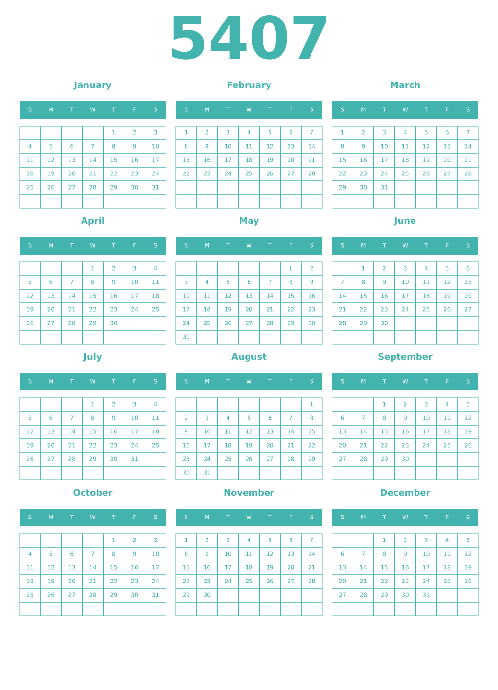Printable 5407 Year Calendars verdigris