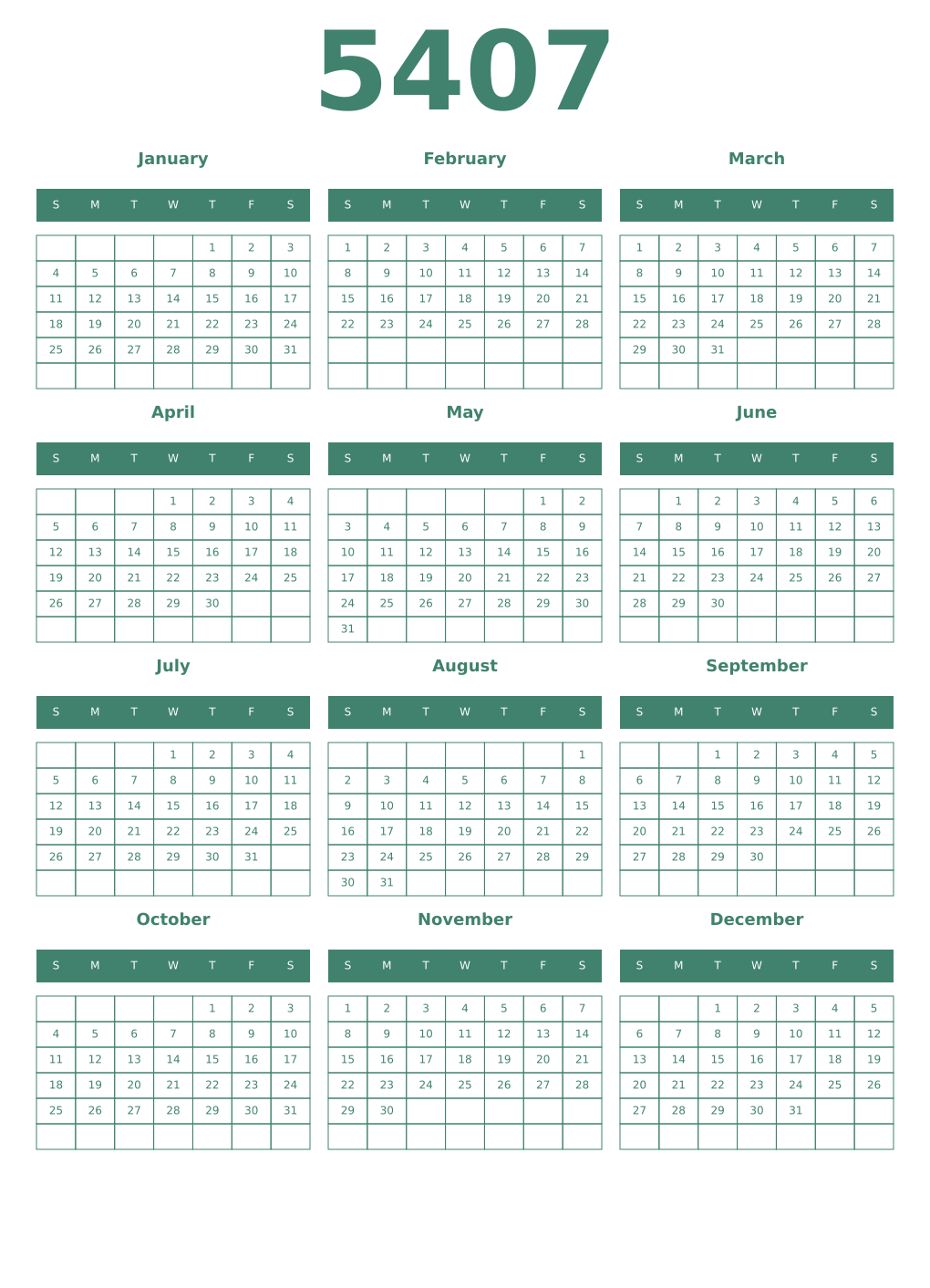 Printable 5407 Year Calendars viridian