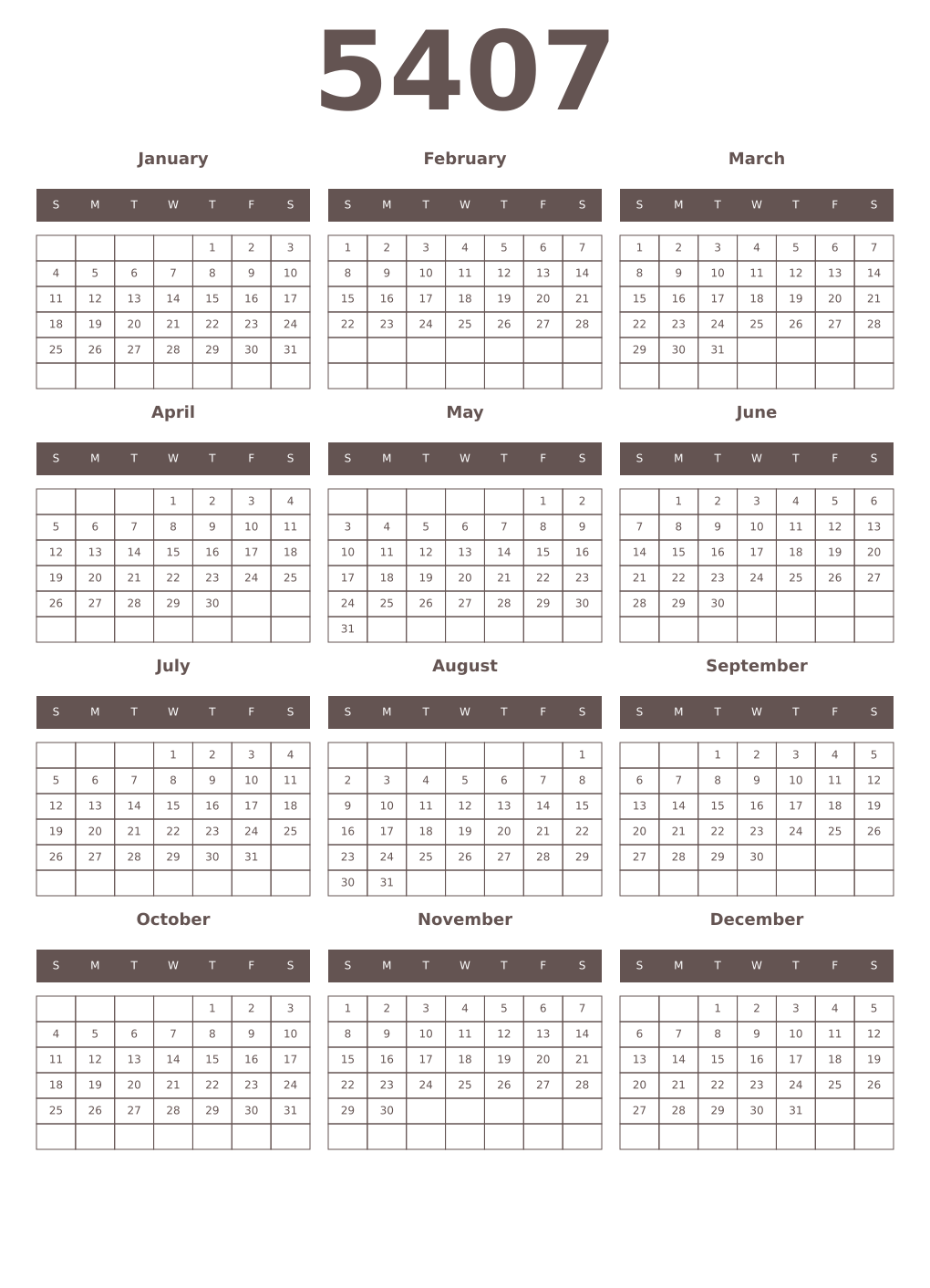 Printable 5407 Year Calendars wenge