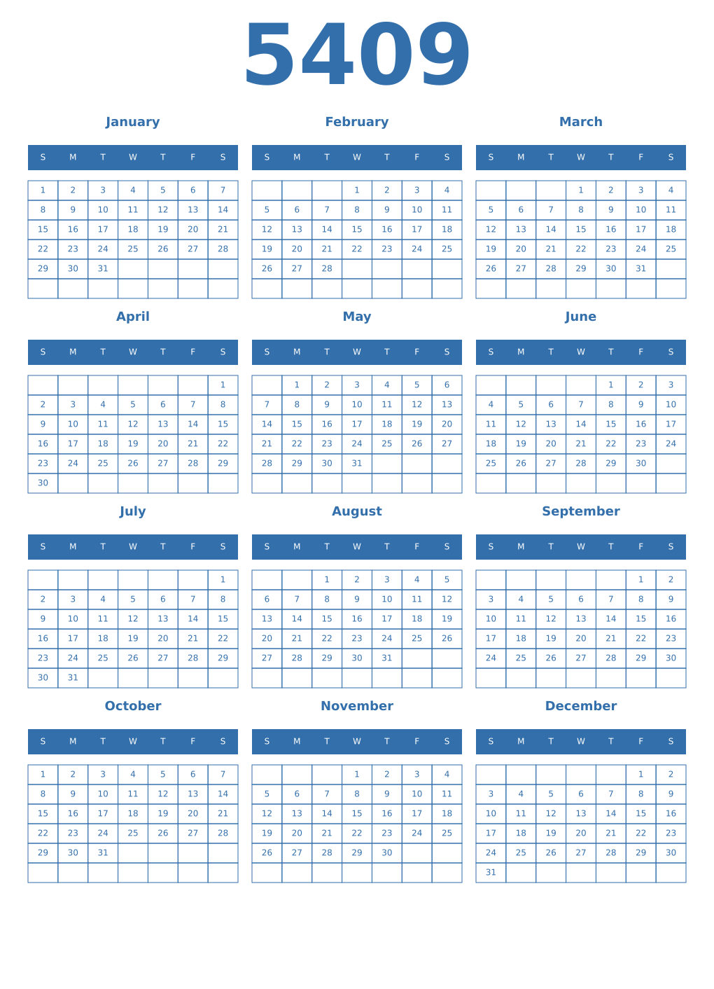 Printable 5409 Year Calendars blue
