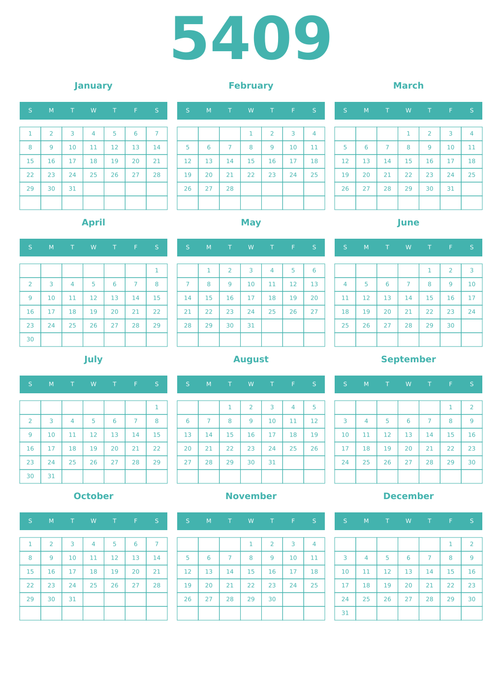 Printable 5409 Year Calendars verdigris