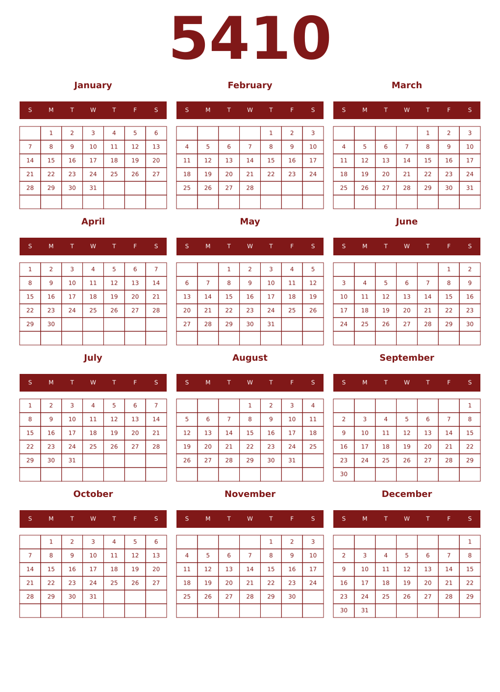 Printable 5410 Year Calendars falu