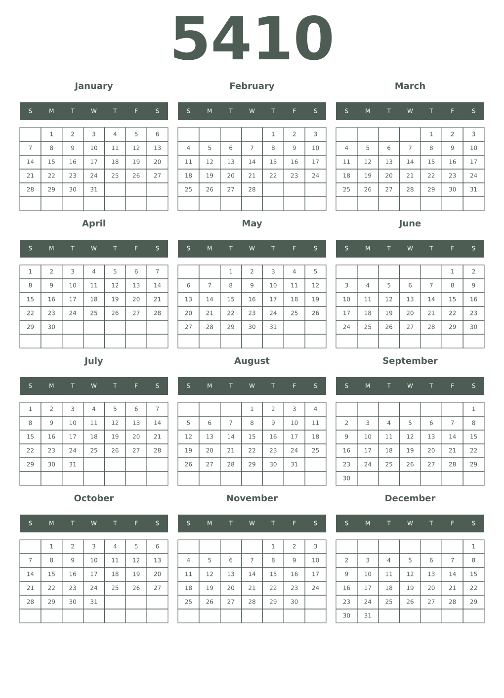Printable 5410 Year Calendars feldgrau