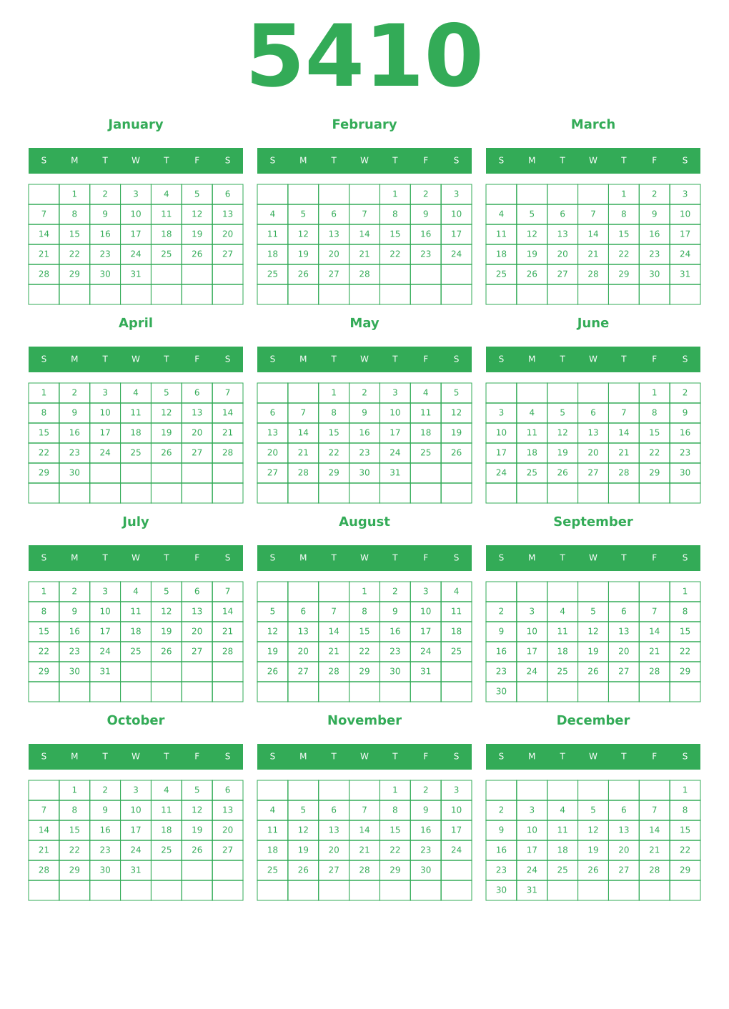 Printable 5410 Year Calendars green