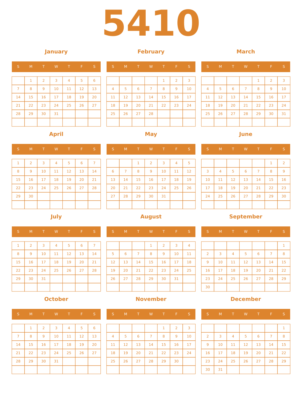 Printable 5410 Year Calendars orange