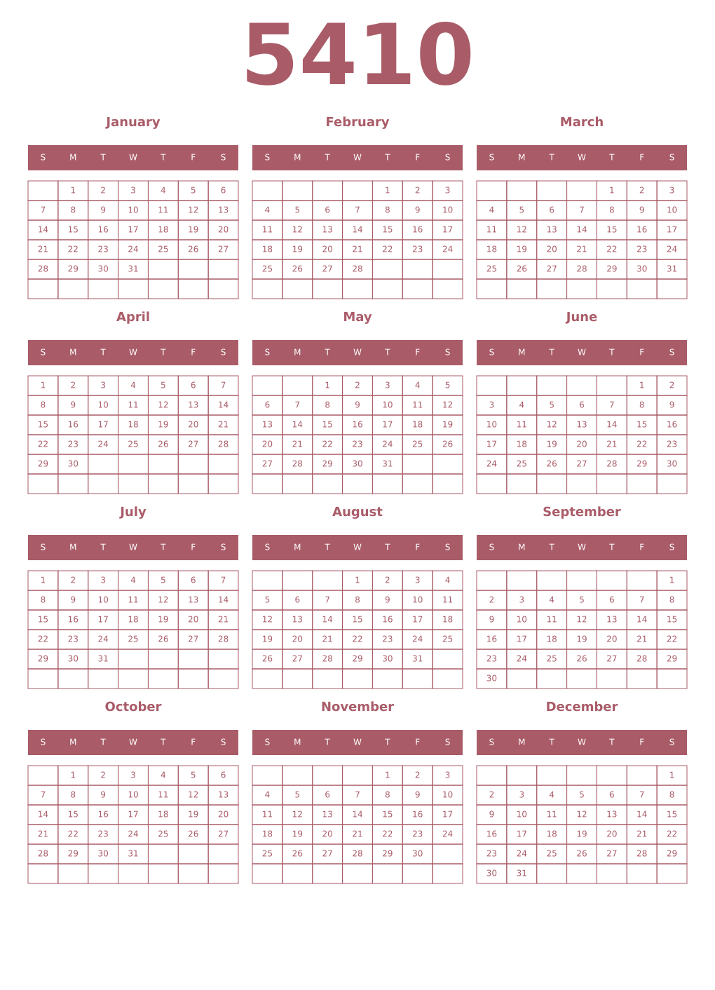 Printable 5410 Year Calendars puce