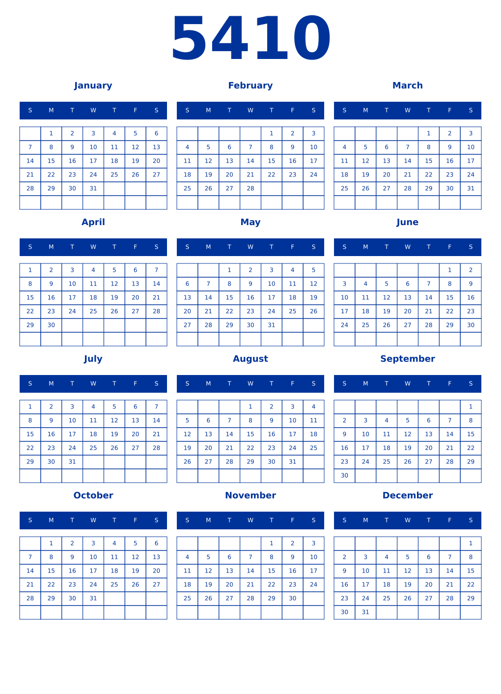 Printable 5410 Year Calendars smalt