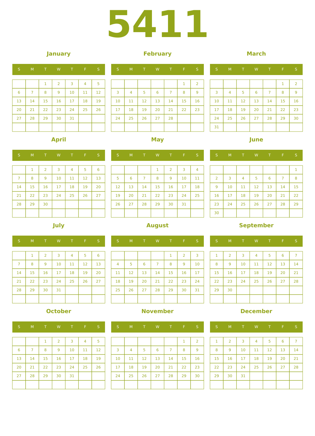 Printable 5411 Year Calendars chartreuse