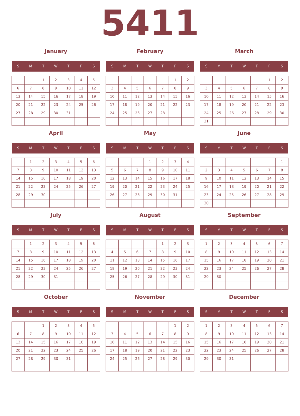 Printable 5411 Year Calendars cordovan