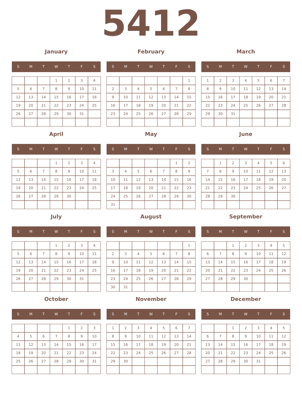 Printable 5412 Year Calendars coffe