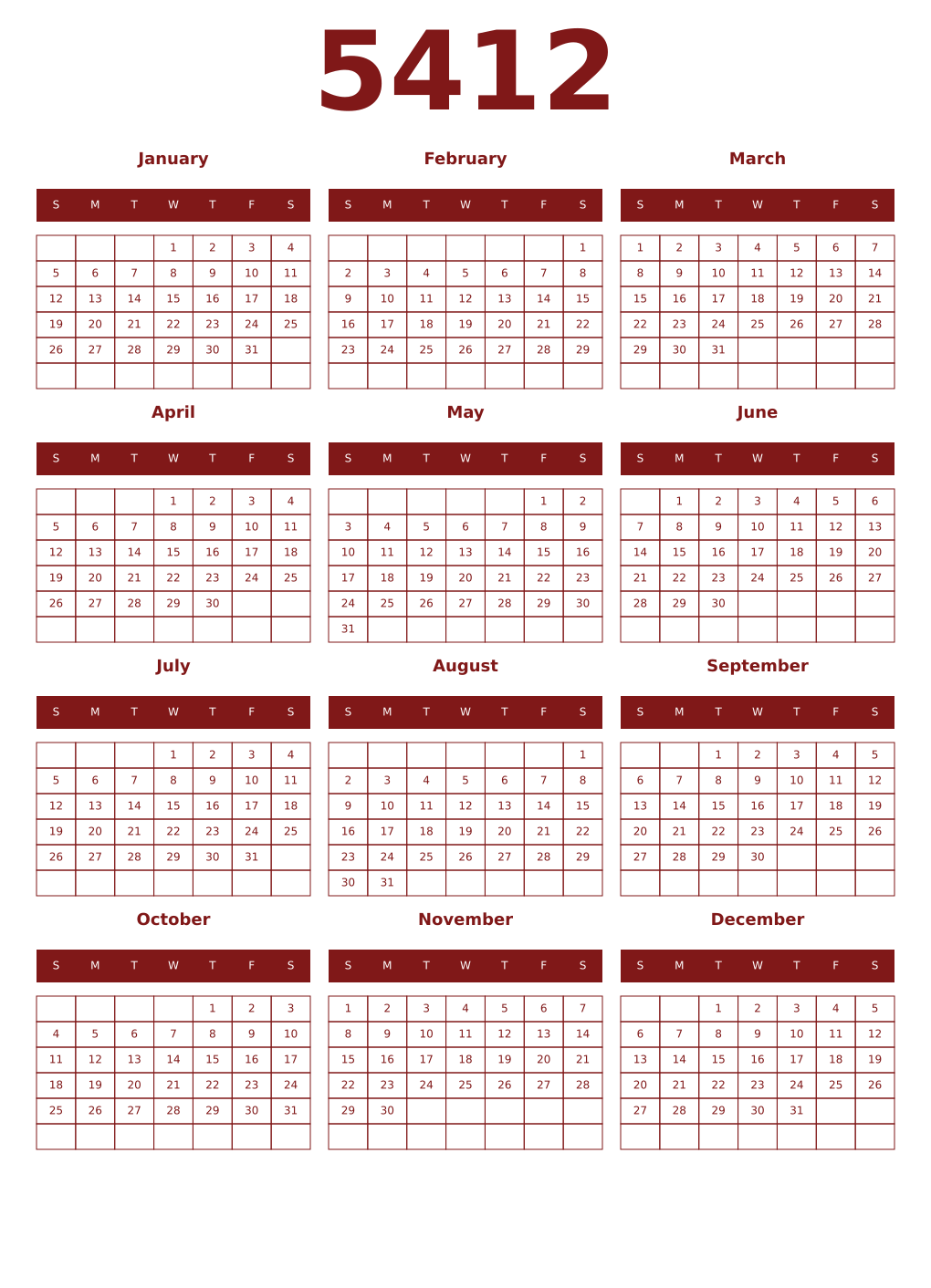 Printable 5412 Year Calendars falu