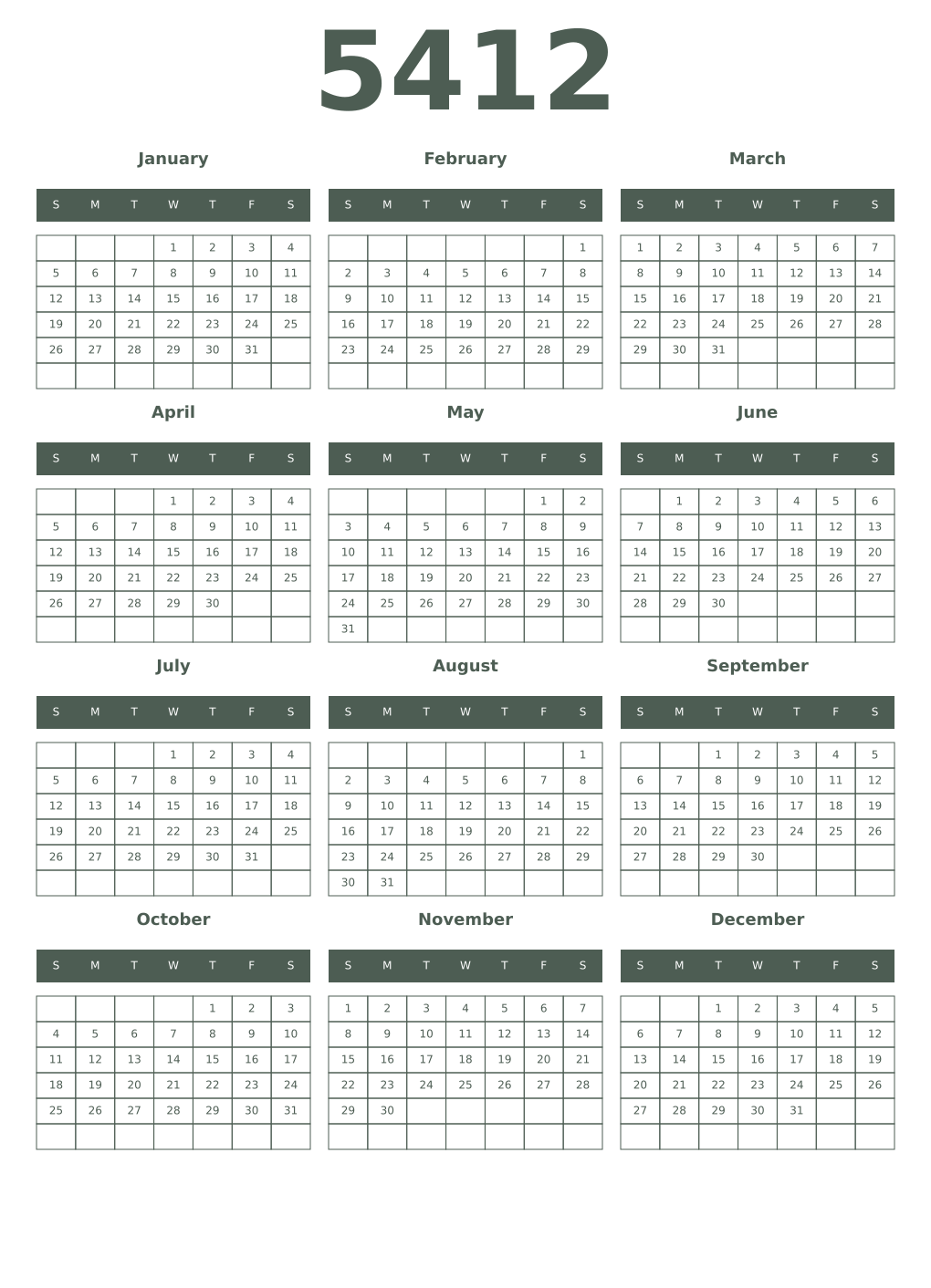 Printable 5412 Year Calendars feldgrau