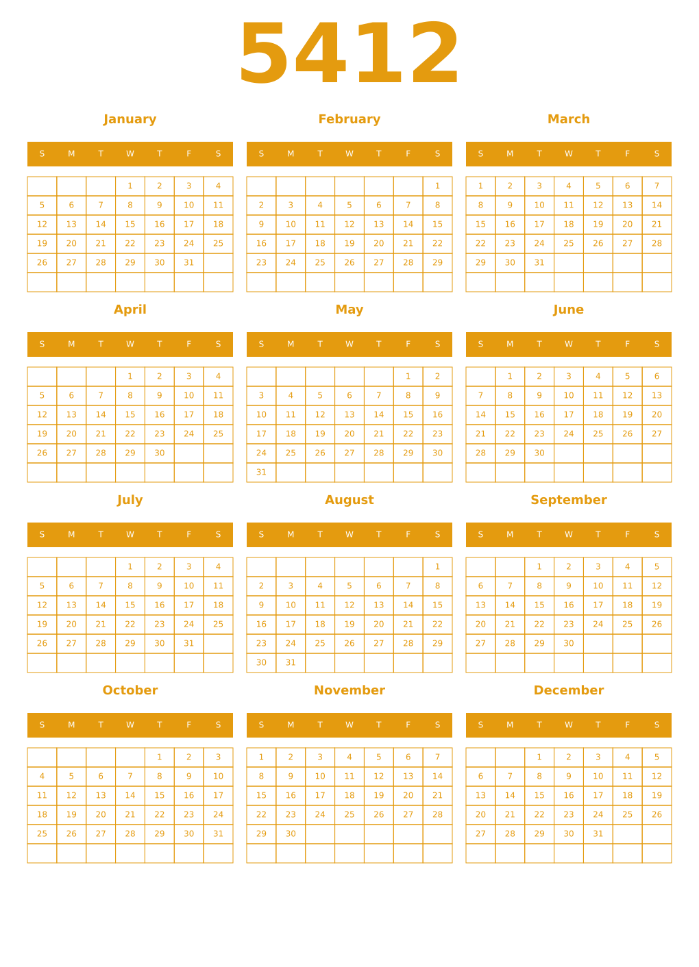 Printable 5412 Year Calendars gamboge