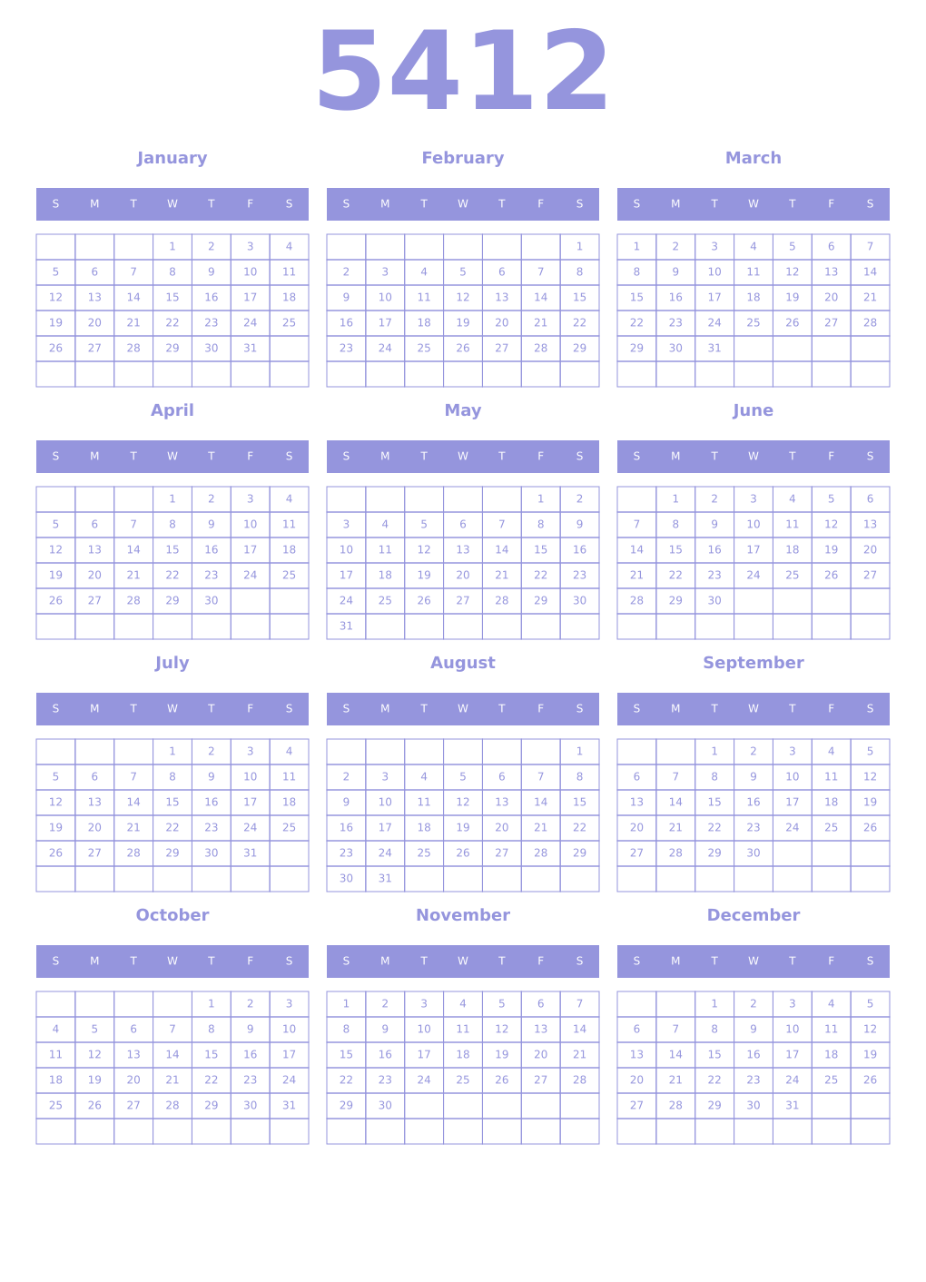 Printable 5412 Year Calendars periwinkle
