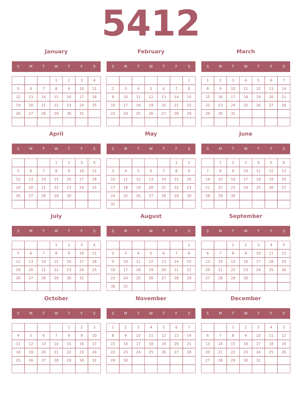 Printable 5412 Year Calendars puce