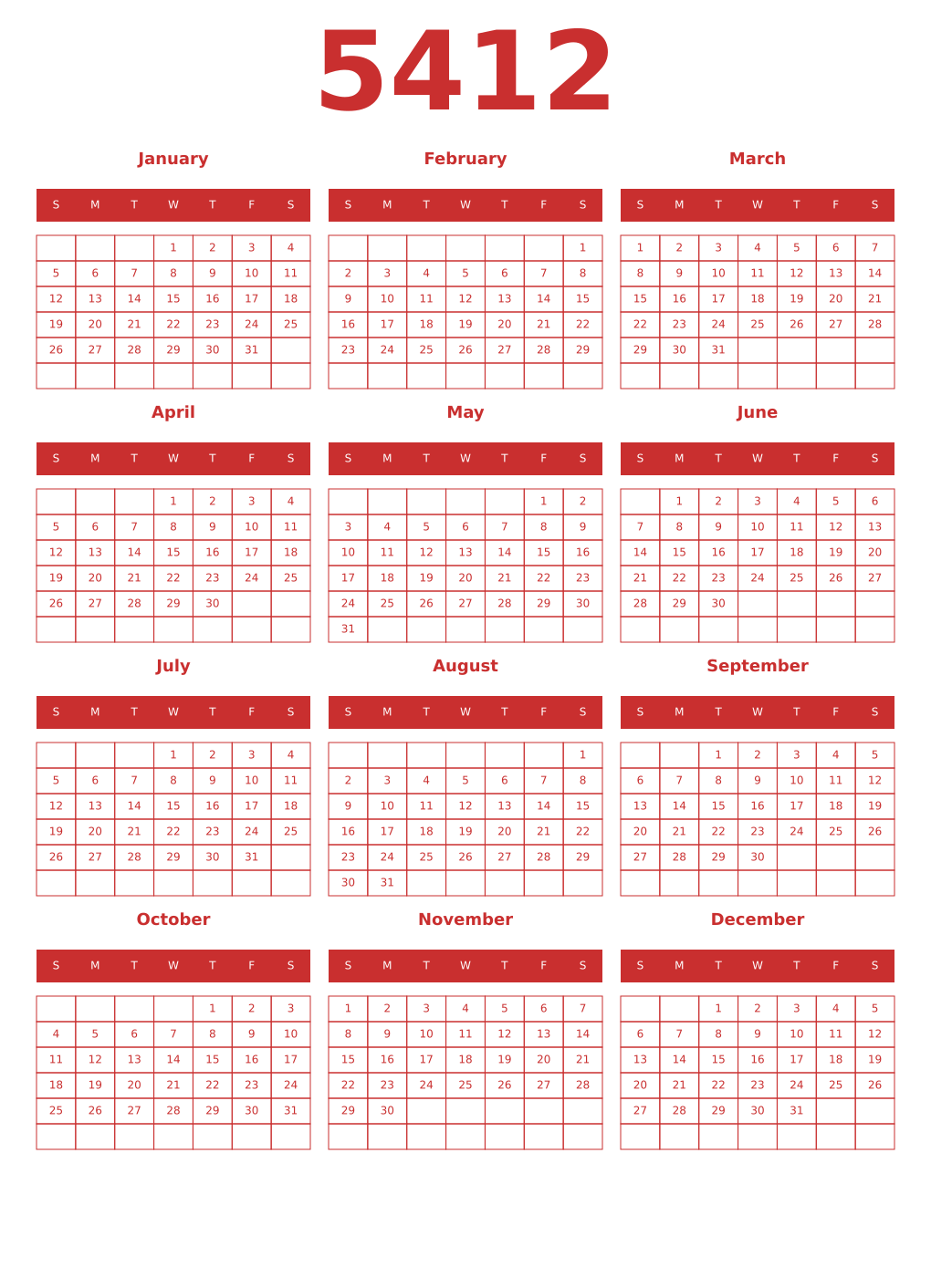 Printable 5412 Year Calendars red